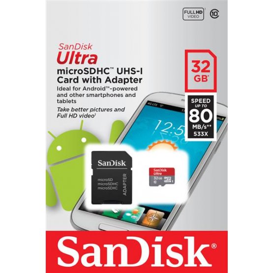 Карта памяти SanDisk 32GB microSDHC C10 UHS-I R80MB/s Ultra Android + SD