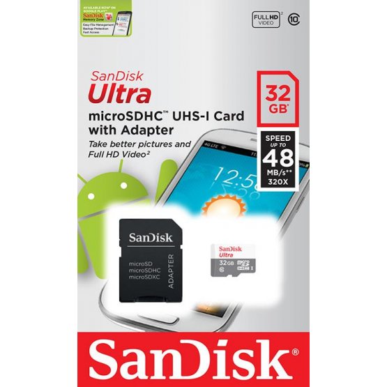 Карта памяти SanDisk 32GB microSDHC C10 UHS-I R48MB/s Ultra + SD
