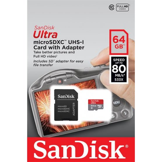 Карта памяти SanDisk 64GB microSDXC C10 UHS-I R80MB/s Ultra + SD