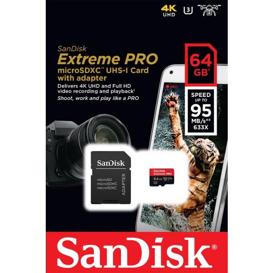 Карта памяти SanDisk 64GB microSDXC C10 UHS-I U3 R95/W90MB/s 4K Extreme Pro + SD