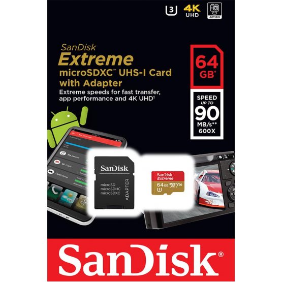 Карта памяти SanDisk 64GB microSDXC V30 UHS-I R90/W60MB/s 4K Extreme + SD